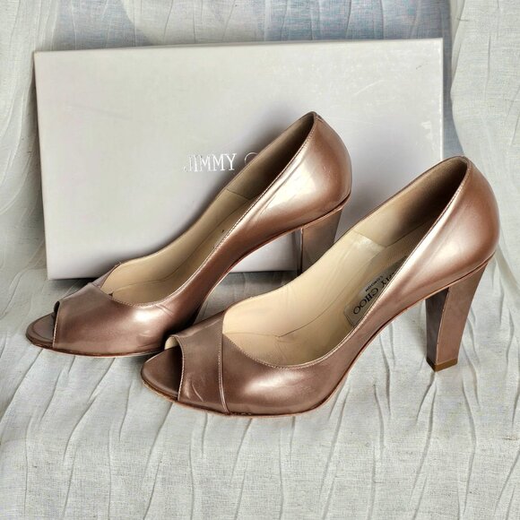 Jimmy Choo Metallic Peep Toe Heels Champagne Block Heel Pumps Size 39 - Picture 3 of 16